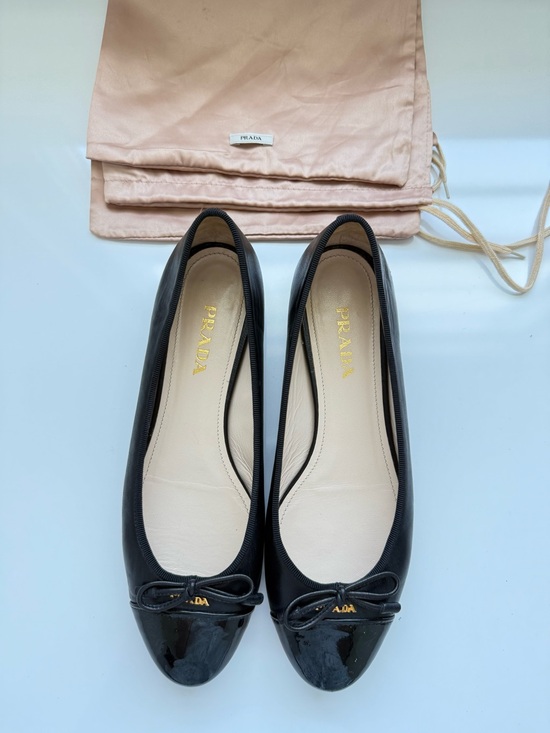 Prada Shoes - Prada Black Leather Ballet Flats with Patent Cap Toe and Bow